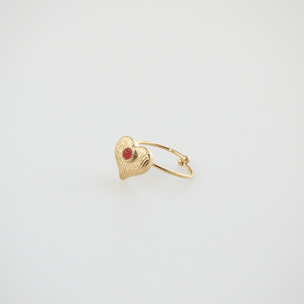 Alera Heart Ring | 18k Gold Plated, Adjustable with Red Agate Stone 0