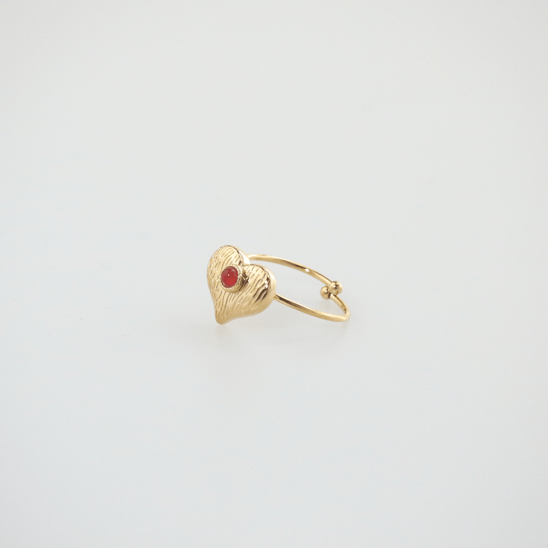 Alera Heart Ring | 18k Gold Plated, Adjustable with Red Agate Stone 0