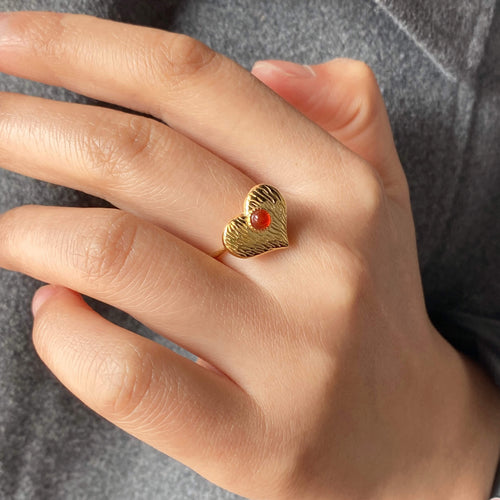Alera Heart Ring | 18k Gold Plated, Adjustable with Red Agate Stone 1