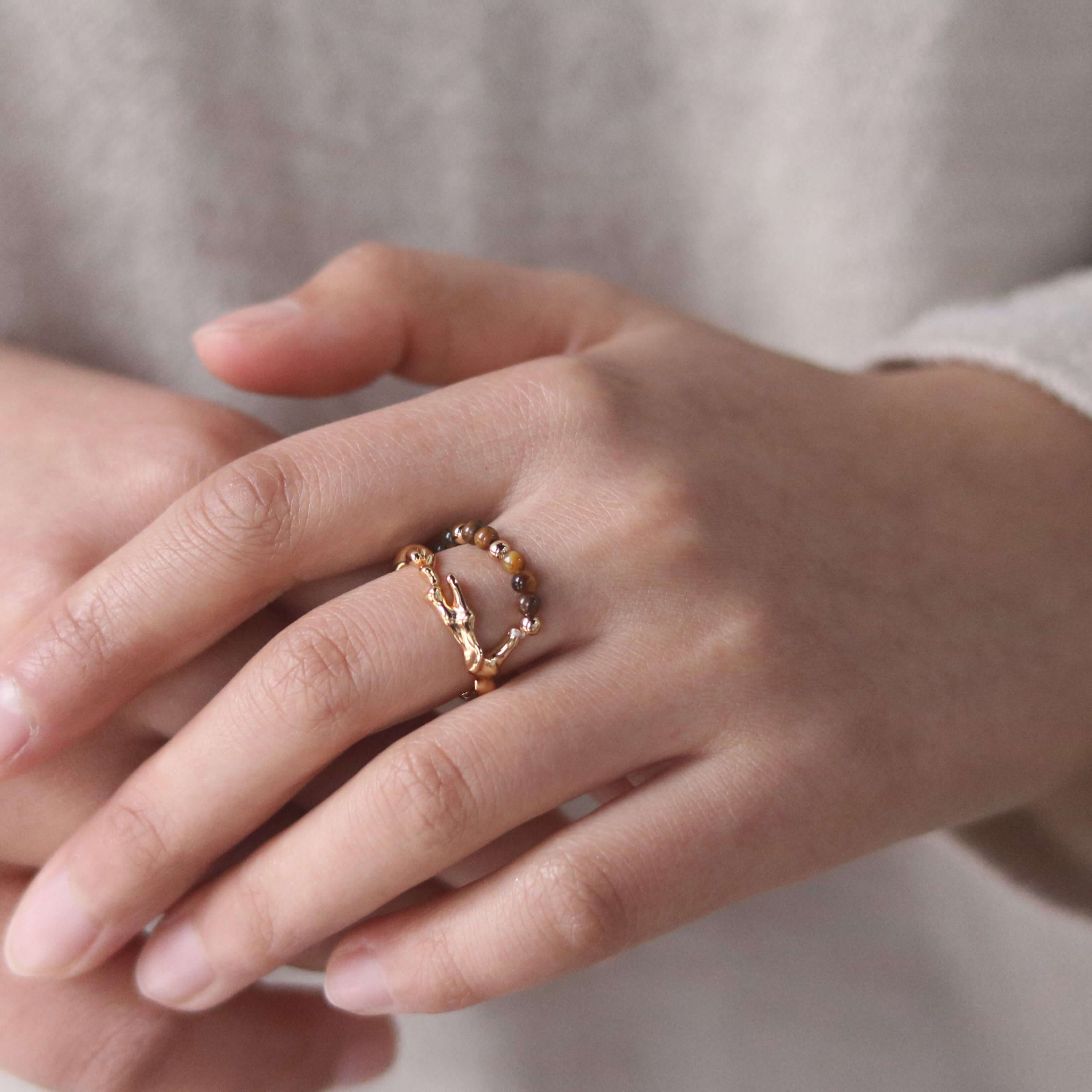 Arden Tigers Eye Beaded Ring | 18k Gold Plated Stainless Steel 1