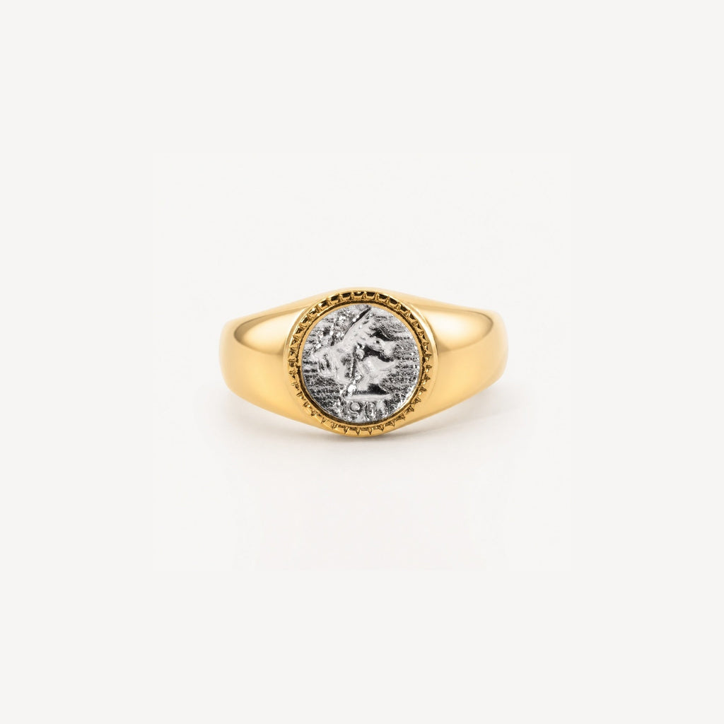 Aurea Signet Ring | 18k Gold Plated Stainless Steel, Athena Engraved 0