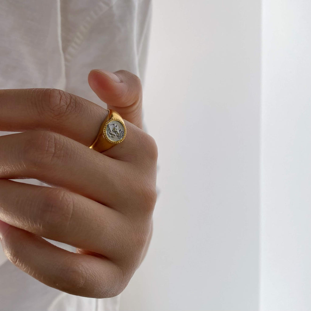 Aurea Signet Ring | 18k Gold Plated Stainless Steel, Athena Engraved 2