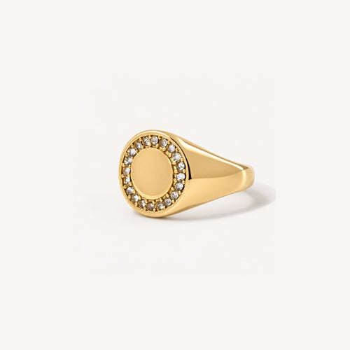 Celia Pinky Signet Ring | 18k Gold Plated, Circle Pave Crystals 0