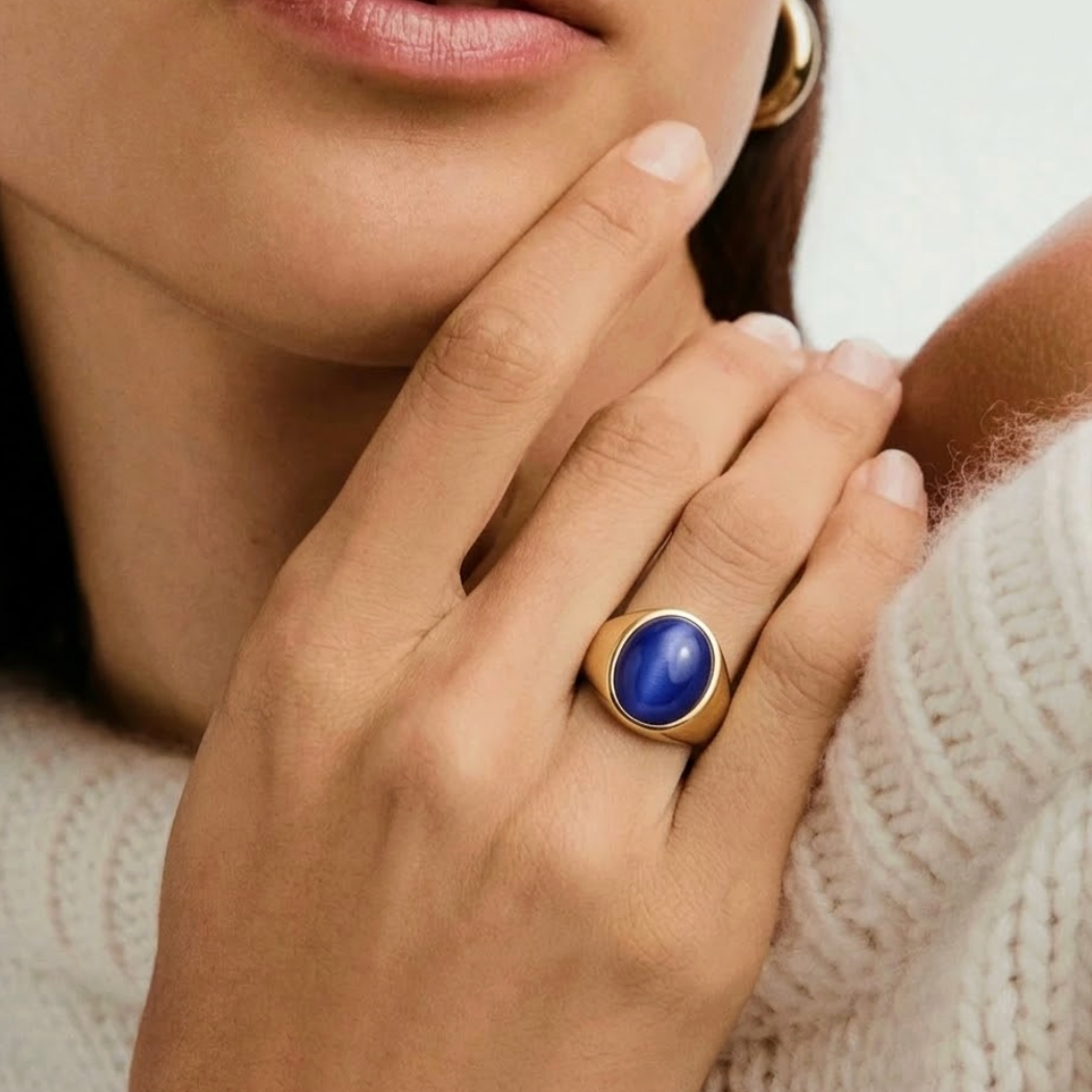 Celora Cats Eye Ring | Blue Stone, 18k Gold Plated Stainless Steel 0