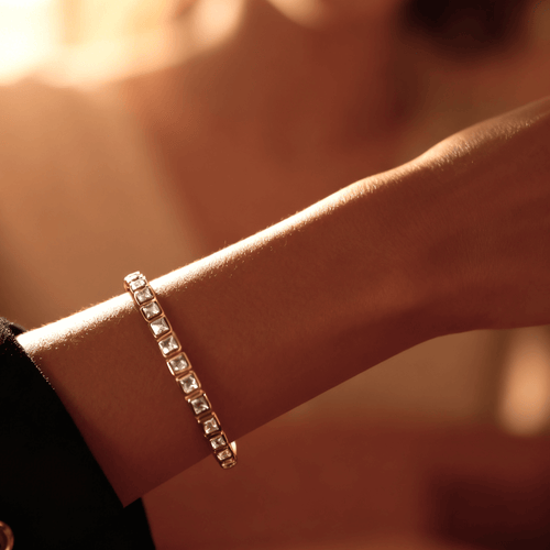 Cleo Gold Bangle Bracelet | 18k Gold Plated, Square-Cut Stones 1