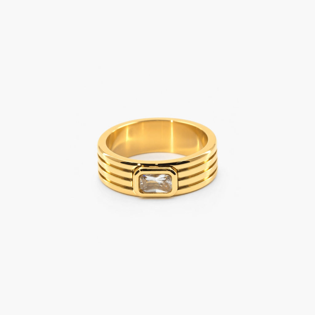 Cleo Ribbed Ring | 18k Gold Plated, Emerald-Cut Crystal 0