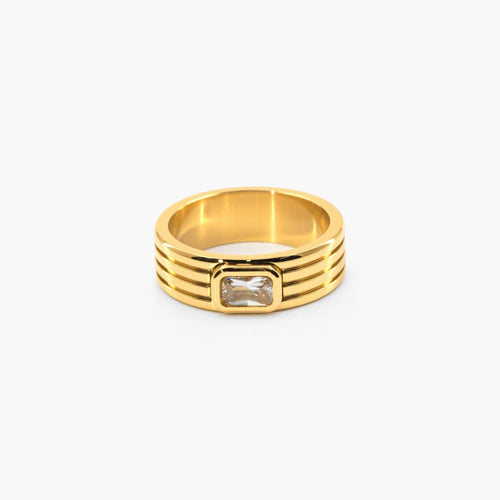 Cleo Ribbed Ring | 18k Gold Plated, Emerald-Cut Crystal 0