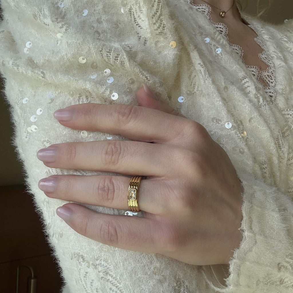 Cleo Ribbed Ring | 18k Gold Plated, Emerald-Cut Crystal 6