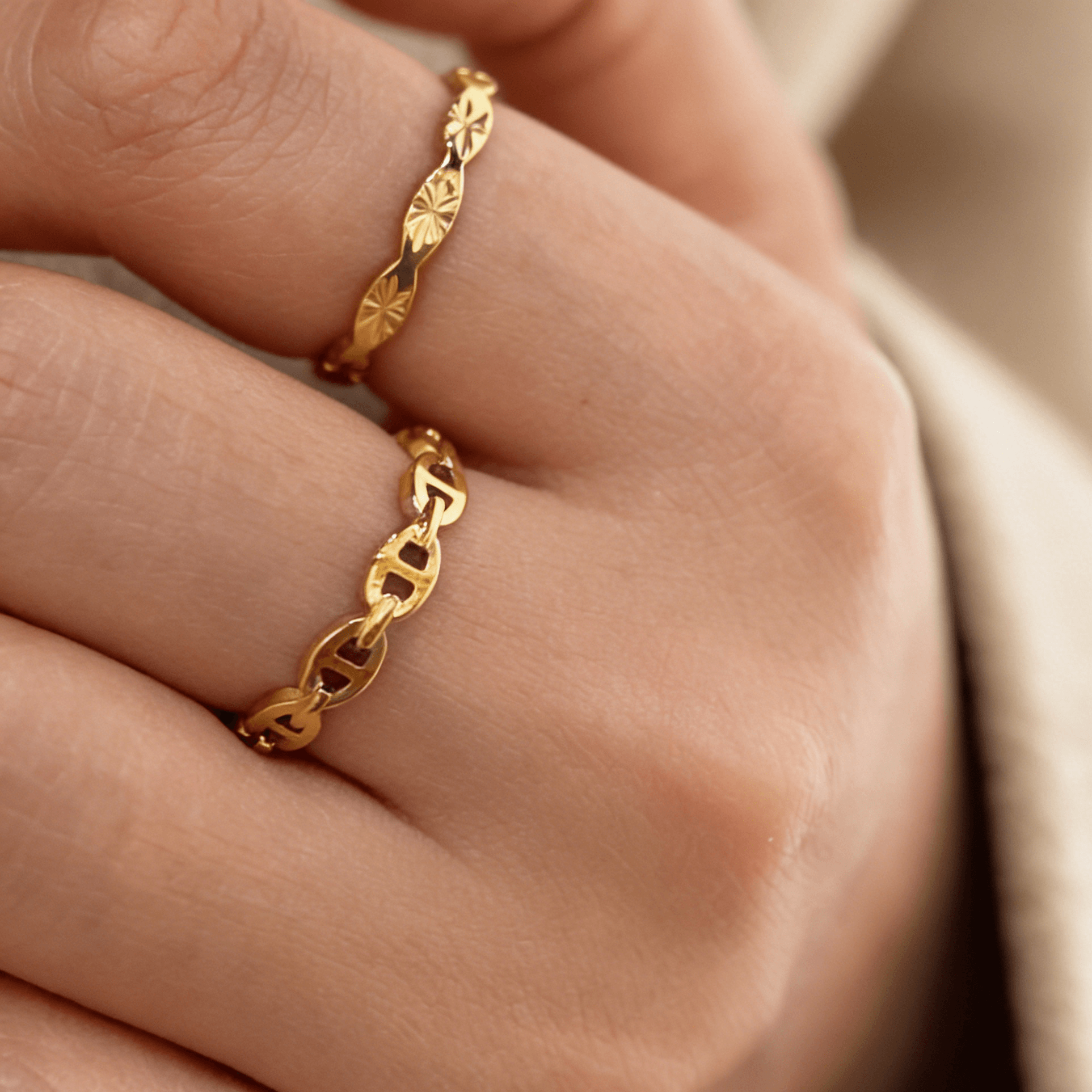 Cora Stackable Band Ring | 18k Gold Plated, Geometric Carved Design 1