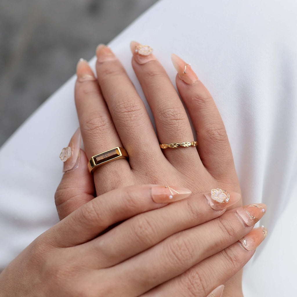Cora Stackable Band Ring | 18k Gold Plated, Geometric Carved Design 5