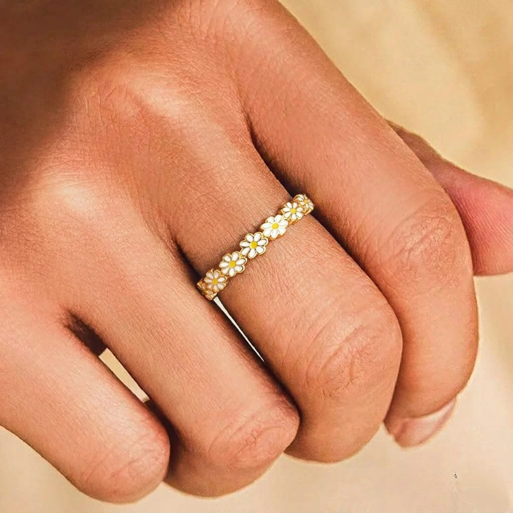 Dalia Flower Band Ring | 18K Gold Plated Stainless Steel, Enamel Detail 1