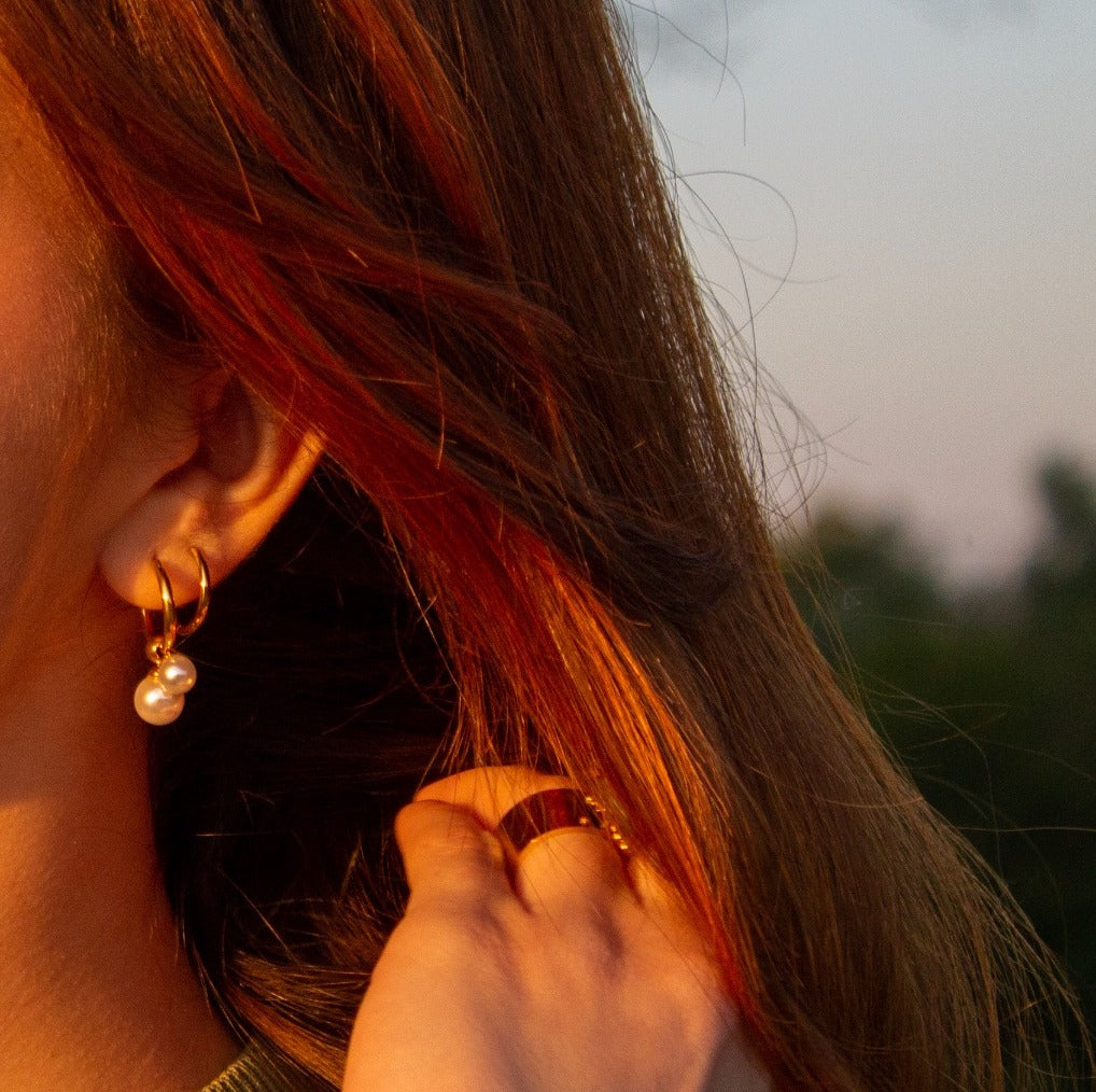Dalia Gold Hoop Earrings | 18k Gold Plated, Double Pearl Design 1