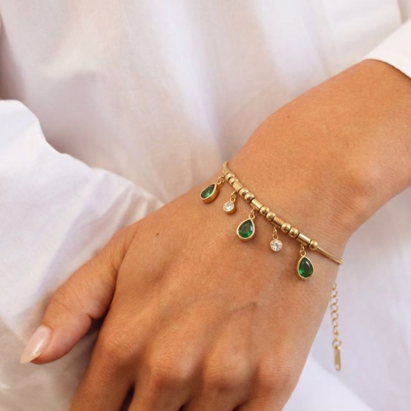 Elysia Charm Bracelet | 18k Gold Plated, Emerald Teardrop Charms 1