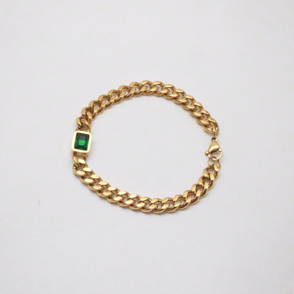 Elysia Curb Chain Bracelet | Square Emerald Gemstone, 18k Gold Plated 0