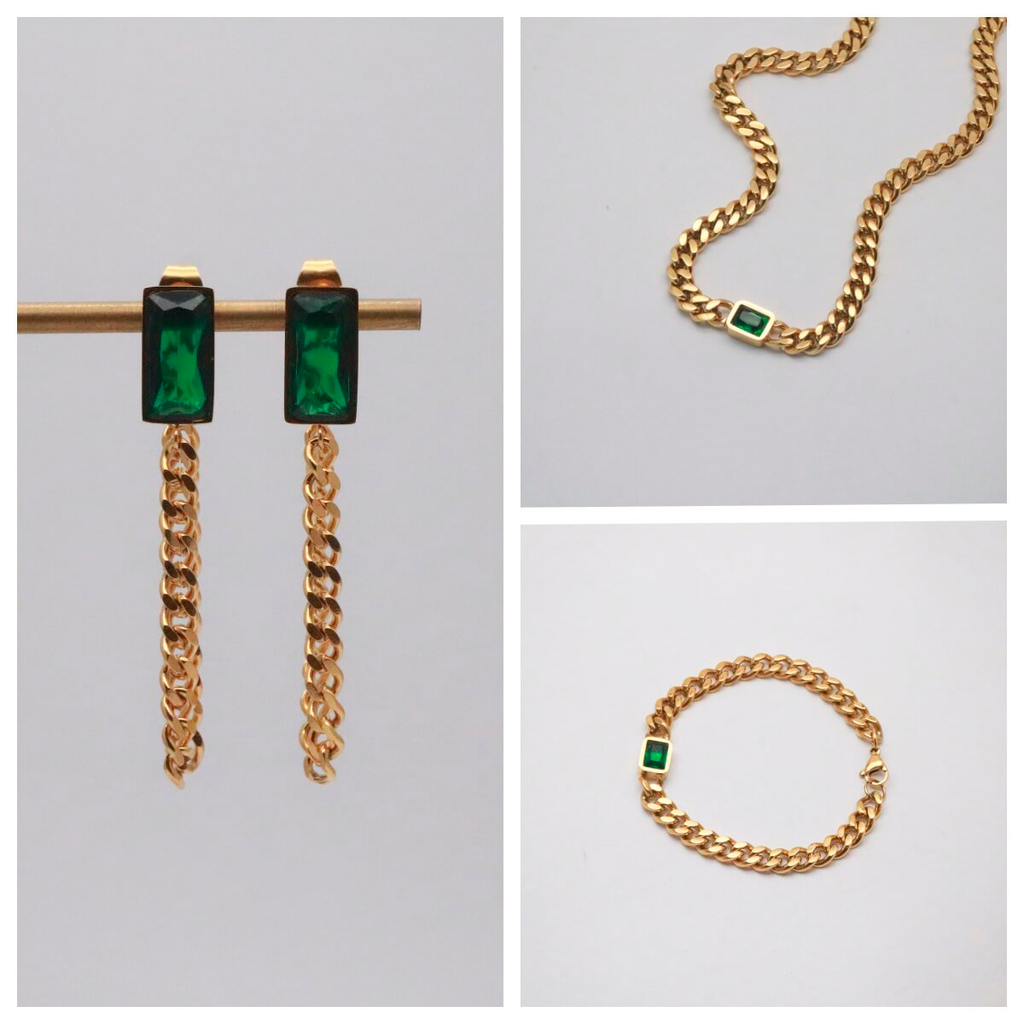 Elysia Emerald Jewelry Set | 18k Gold Plated, Tarnish Resistant Necklace and Earring Set