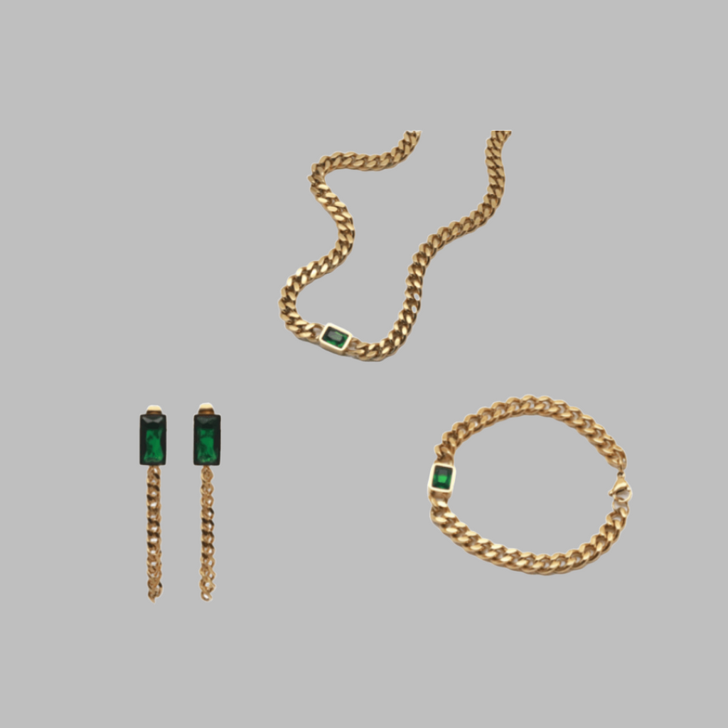 Elysia Emerald Jewelry Set | 18k Gold Plated, Tarnish Resistant Necklace and Earring Set 2