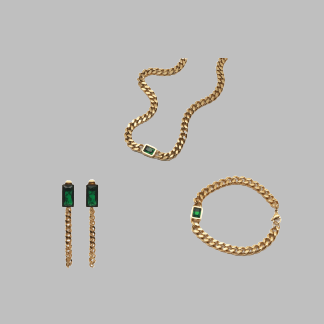 Elysia Emerald Jewelry Set | 18k Gold Plated, Tarnish Resistant Necklace and Earring Set 2