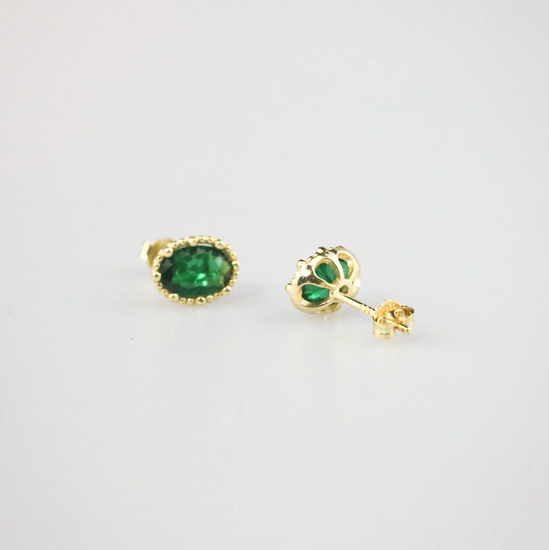 Elysia Oval Stud Earrings | Emerald Green, 18k Gold Plated 1