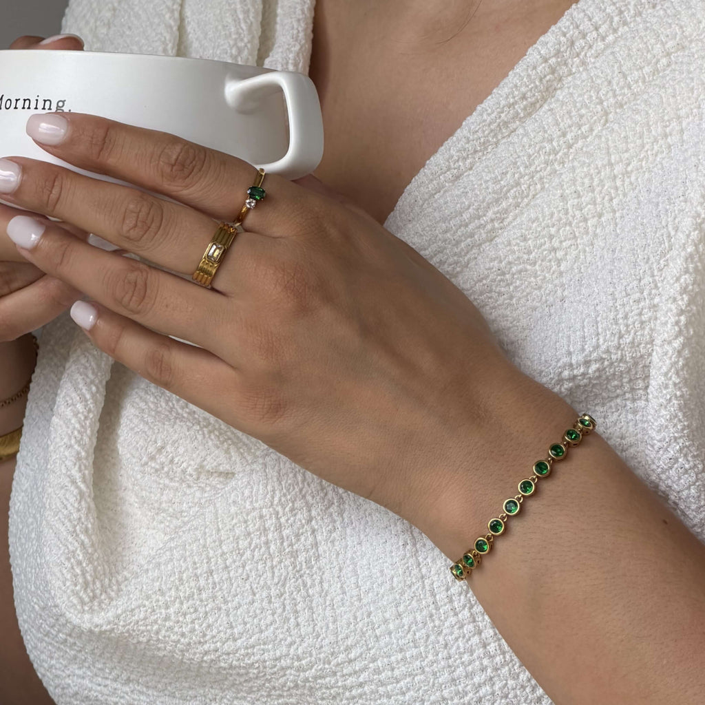 Elysia Tennis Bracelet | Emerald Green Stones, 18k Gold Plated, Flexible Design 2