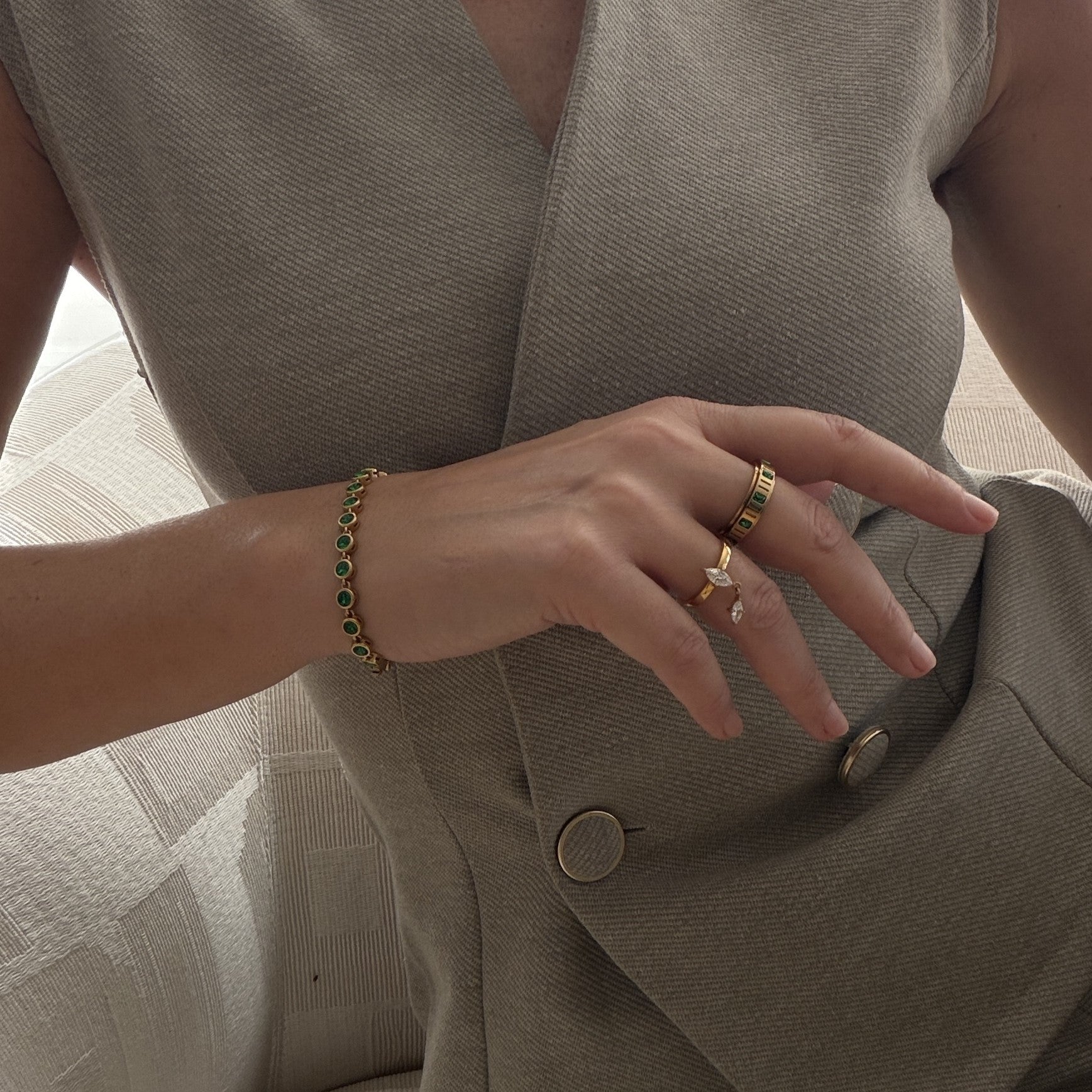 Elysia Tennis Bracelet | Emerald Green Stones, 18k Gold Plated, Flexible Design 3
