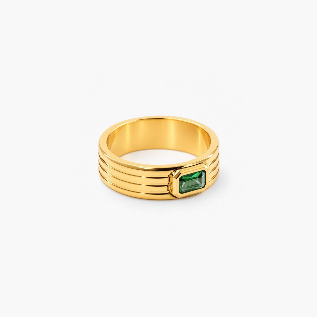 Galen Ribbed Ring | 18k Gold Plated with Emerald-Cut Green Stone 1