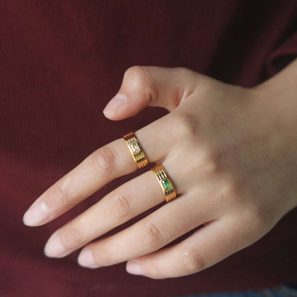 Galen Ribbed Ring | 18k Gold Plated with Emerald-Cut Green Stone 3