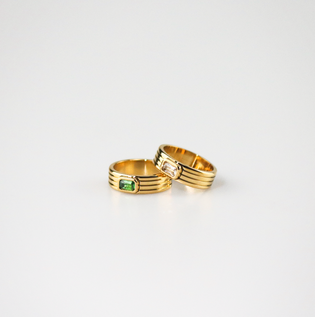 Galen Ribbed Ring | 18k Gold Plated with Emerald-Cut Green Stone 5