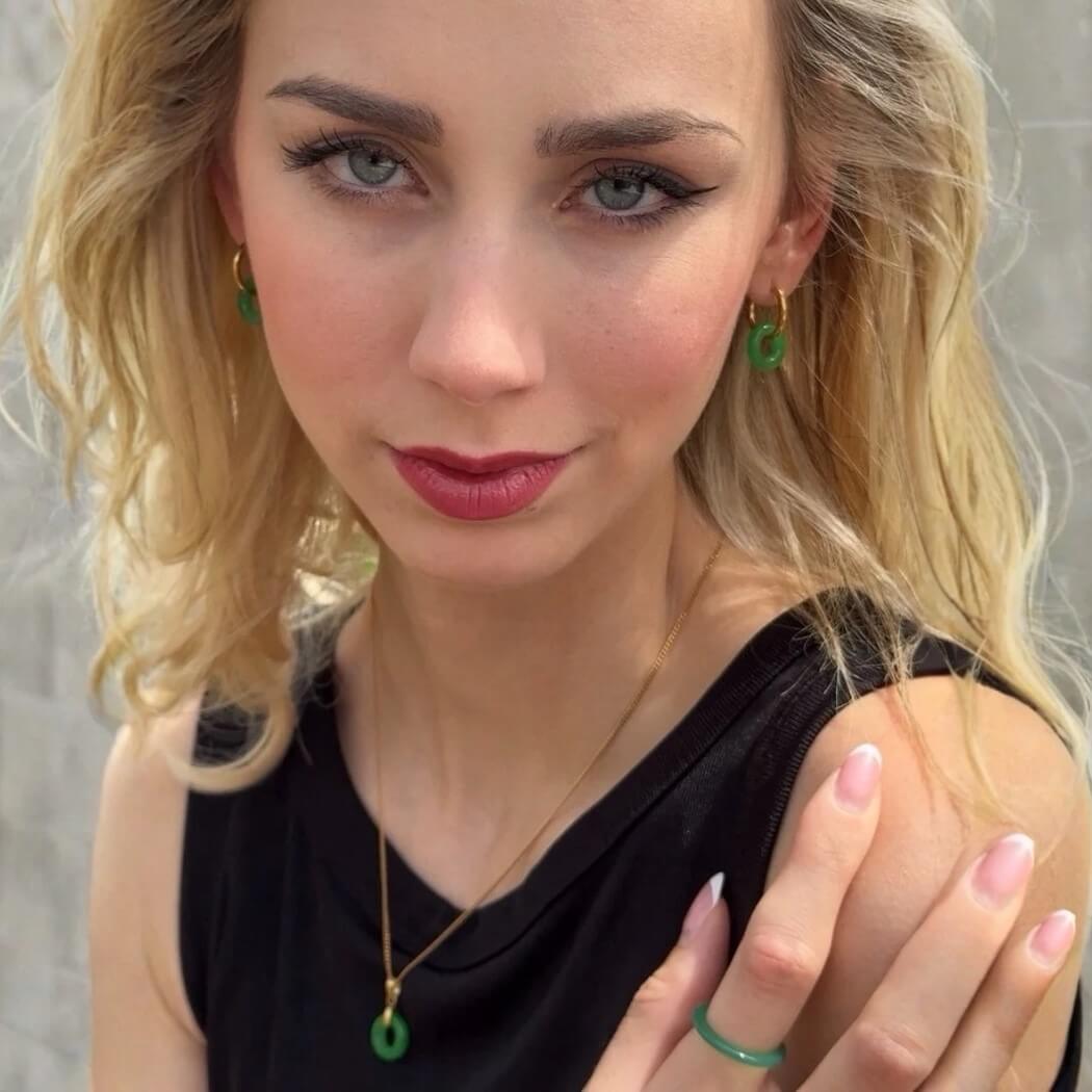 Gemara Donut Hoop Earrings | Green Jade, 18k Gold Plated 2