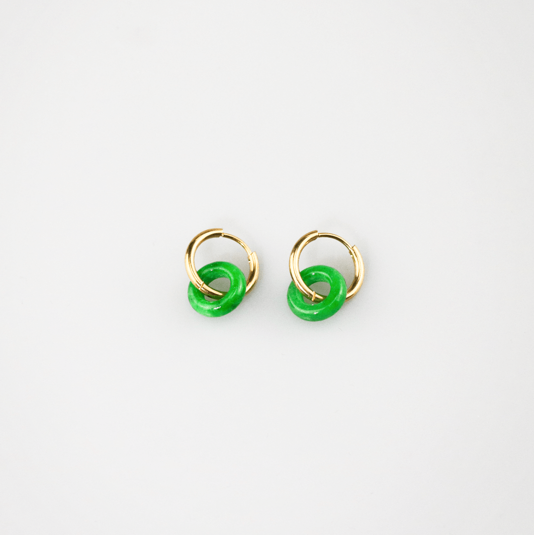 Gemara Donut Hoop Earrings | Green Jade, 18k Gold Plated 3