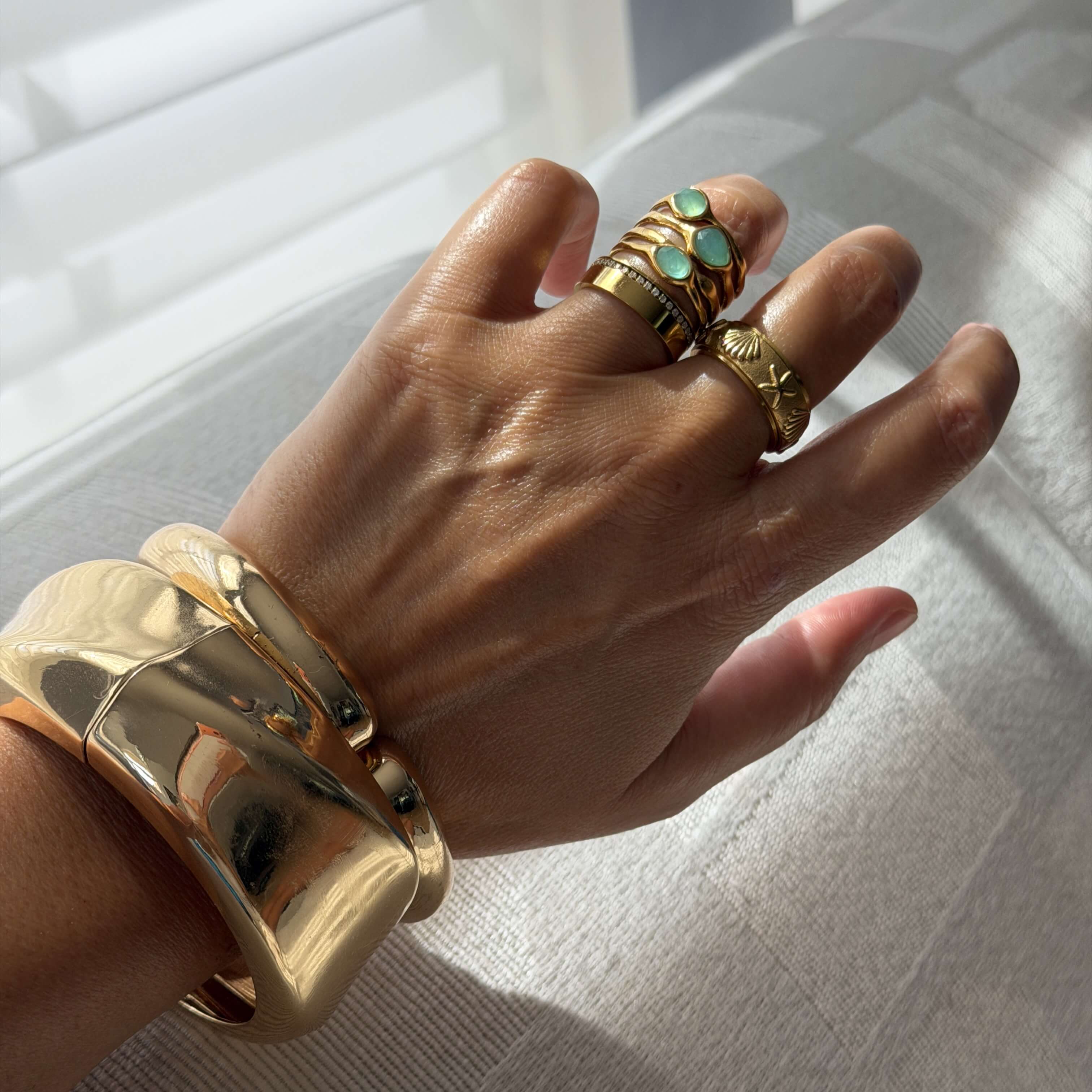 Glenna Multi Row Ring | 18k Gold Plated with Seafoam Green Stones 5