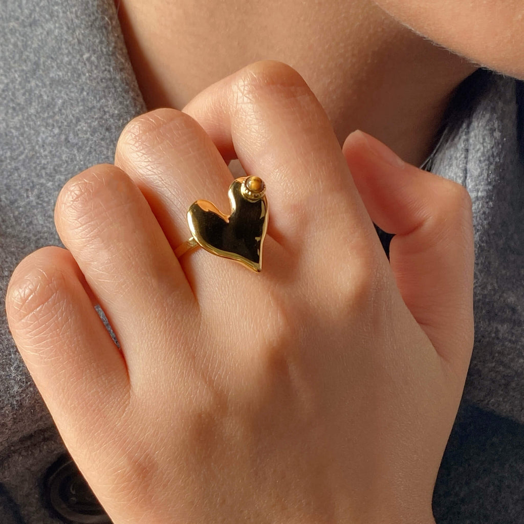Haven Heart Ring | 18k Gold Plated, Tiger's Eye Stone, Adjustable 1