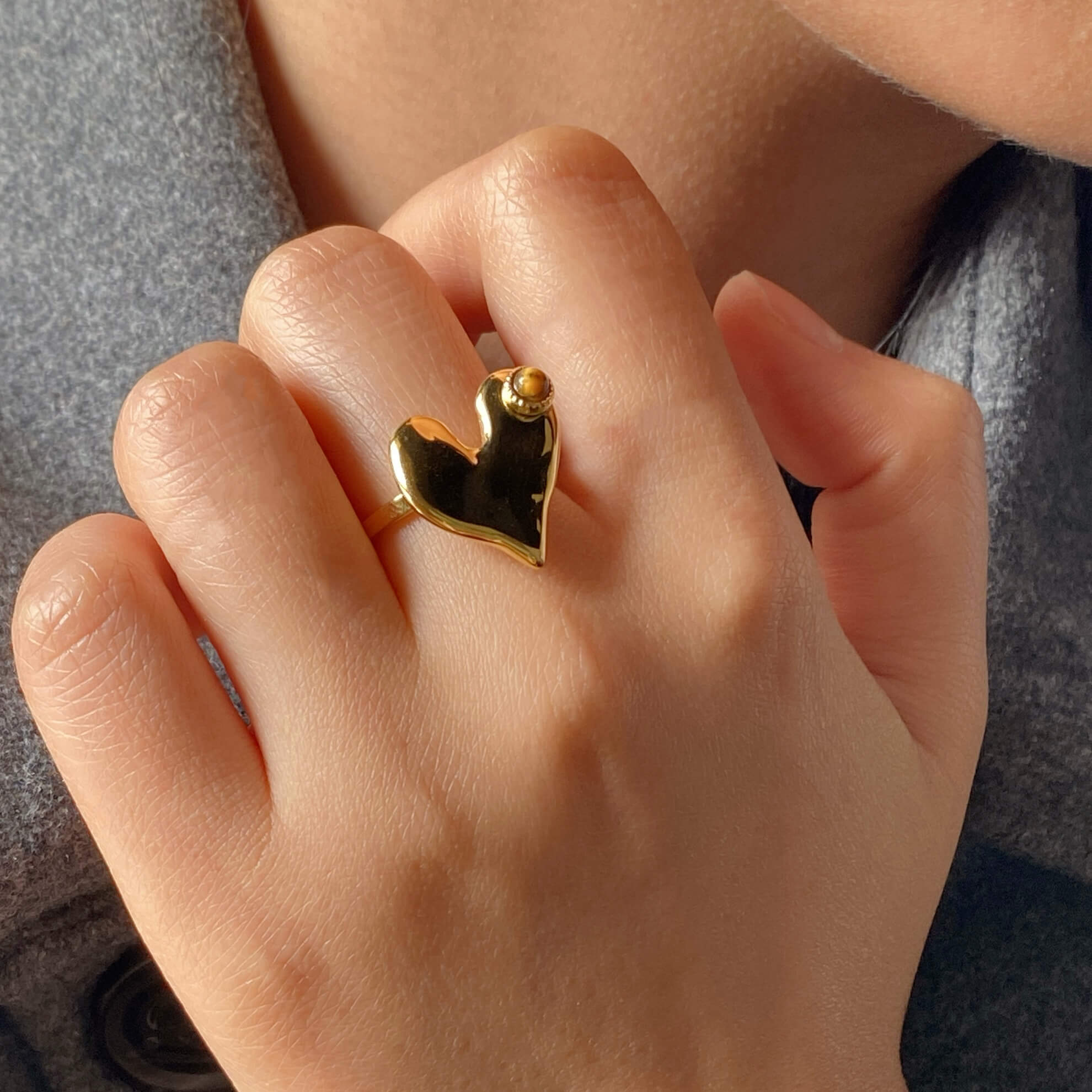 Haven Heart Ring | 18k Gold Plated, Tiger's Eye Stone, Adjustable 1