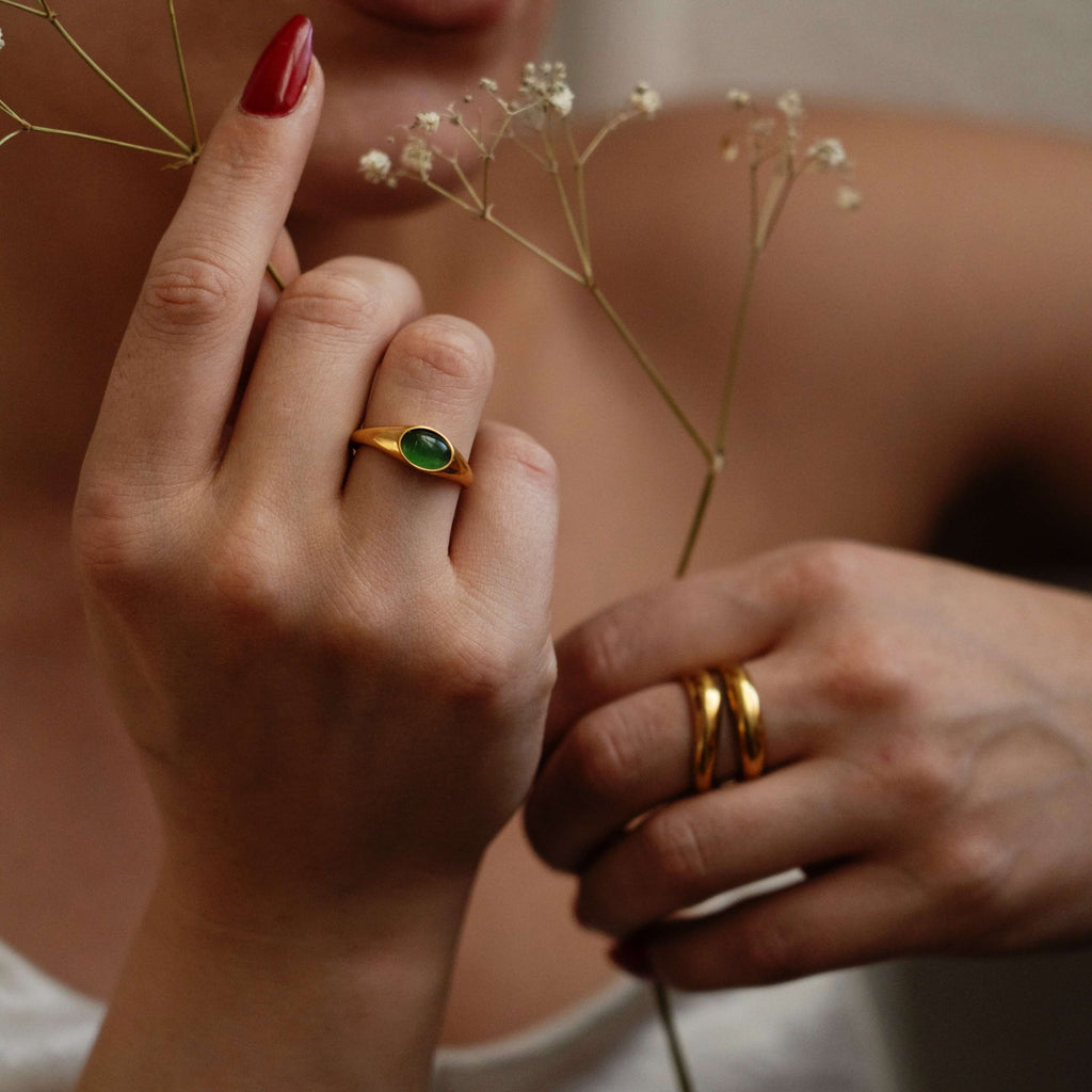 Kora Gemstone Ring | 18k Gold Plated Green Cats Eye 3