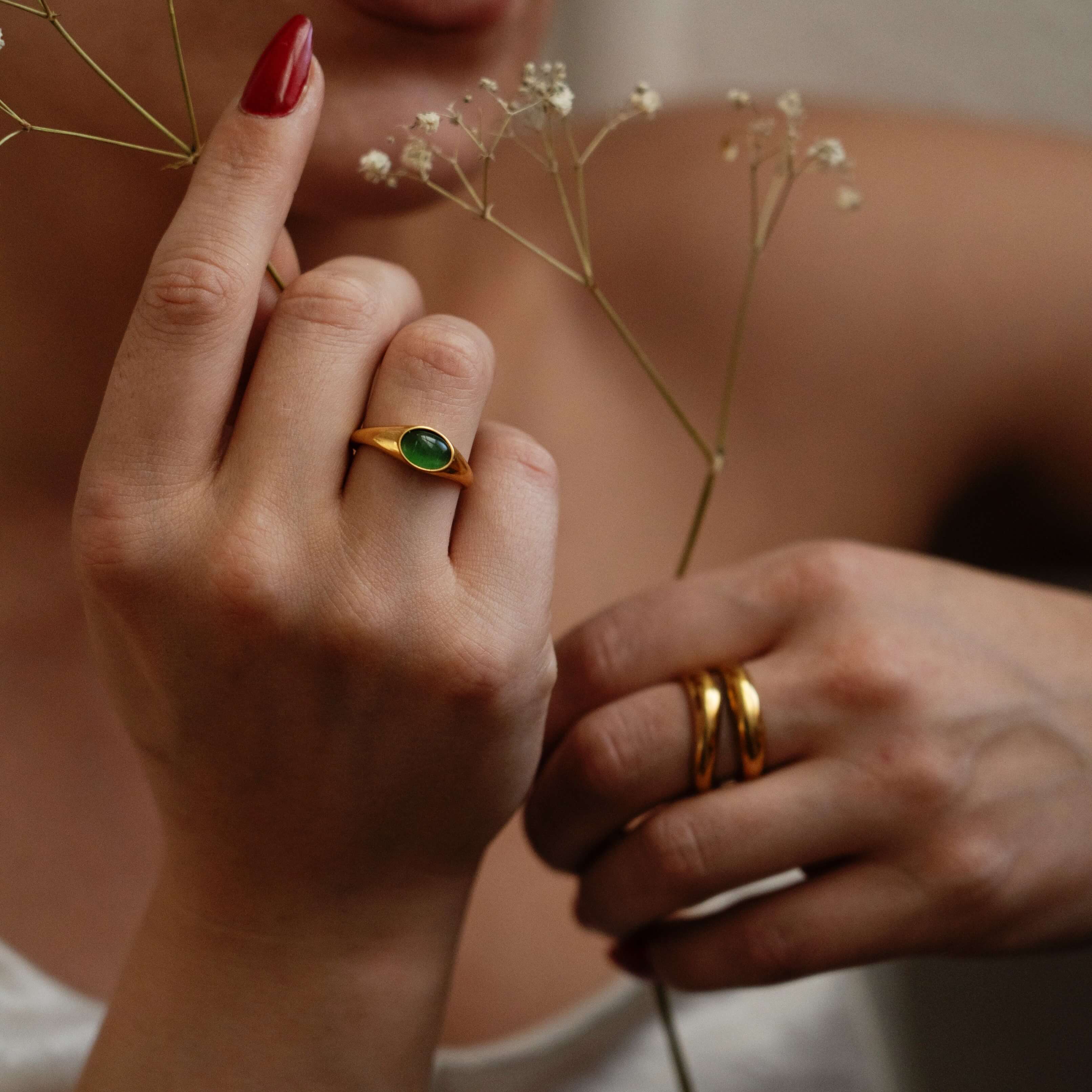 Kora Gemstone Ring | 18k Gold Plated Green Cats Eye 3