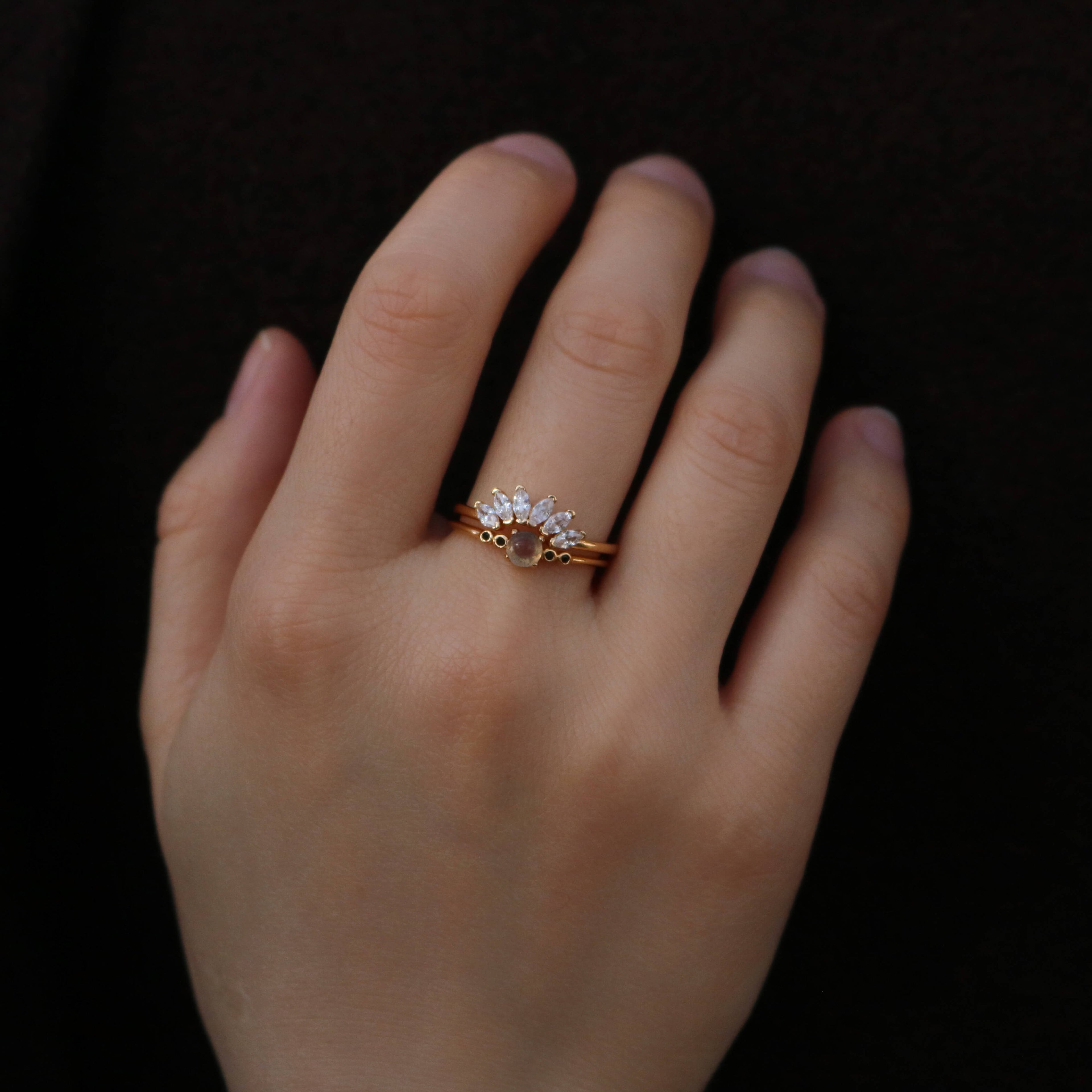 Liora Labradorite Ring Set | 9k Gold Plated, Adjustable Gemstone Bands 1