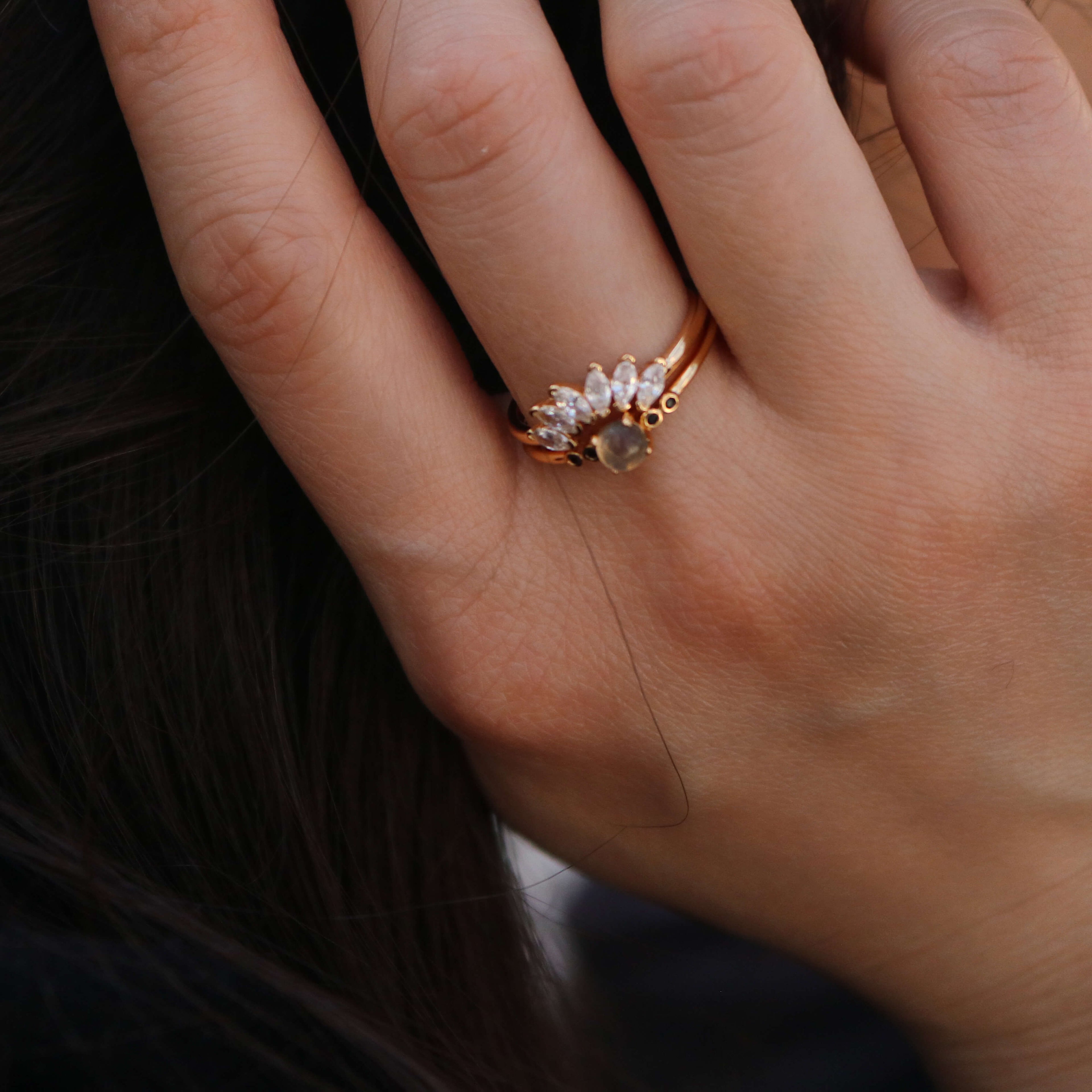 Liora Labradorite Ring Set | 9k Gold Plated, Adjustable Gemstone Bands 2