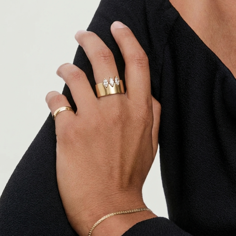 Mira Band Ring | 18k Gold Plated Stainless Steel, Marquise-Cut CZ Stones 1