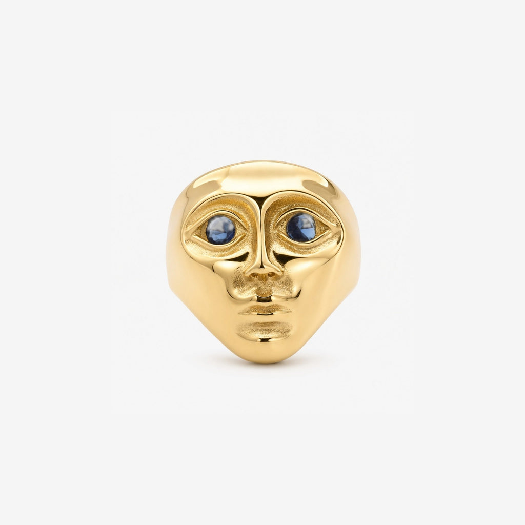 Mira Face Ring | 18k Gold Plated, Deep Blue Gemstone Eyes 0