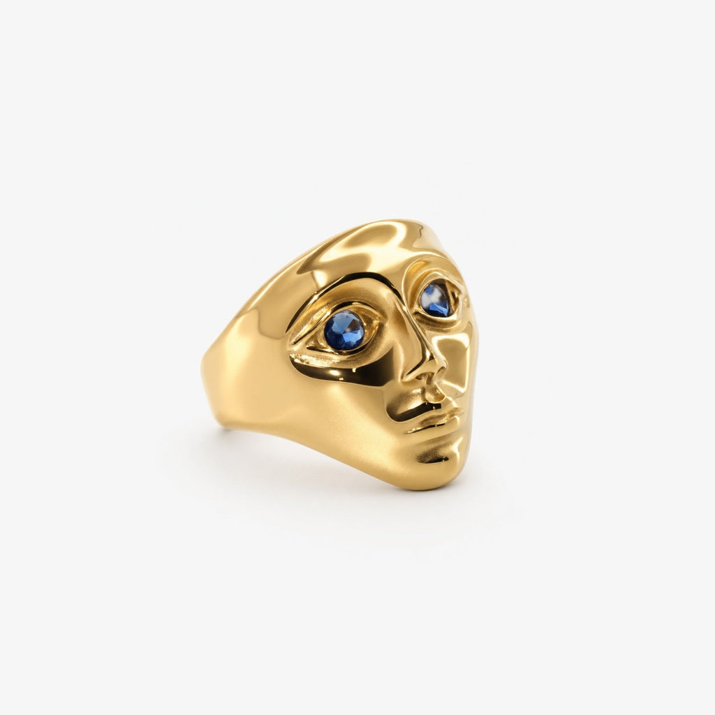 Mira Face Ring | 18k Gold Plated, Deep Blue Gemstone Eyes 1