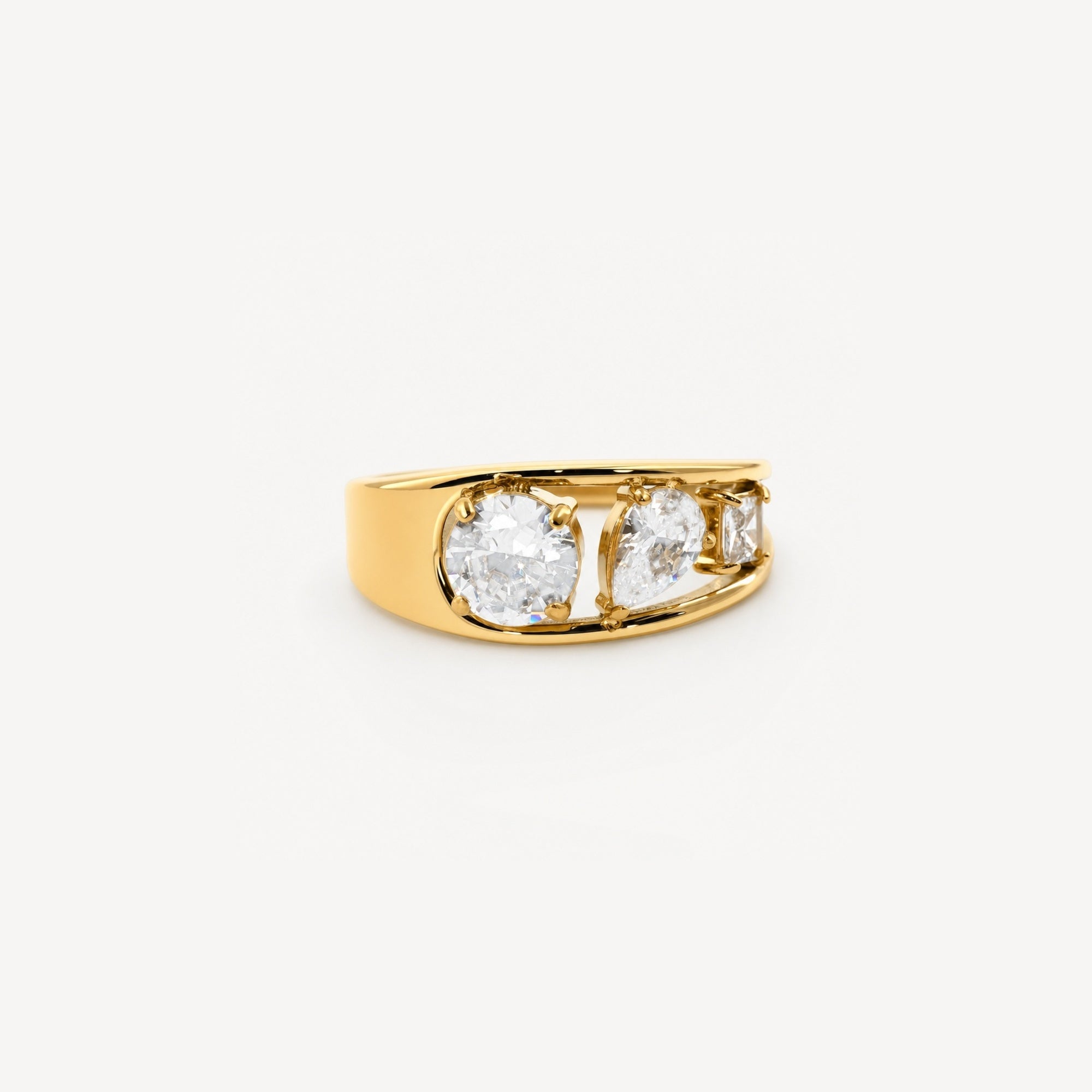 Mira Three Stone Engagement Ring | Mixed Cut Cubic Zirconia, 18k Gold Plated 0