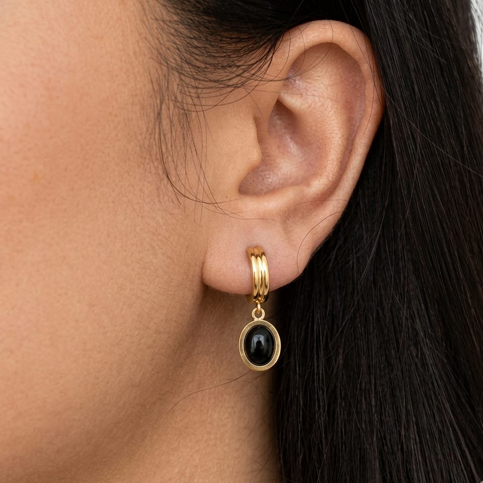 Obsidian Hoop Earrings | 18k Gold Plated, Black Onyx Drop 1