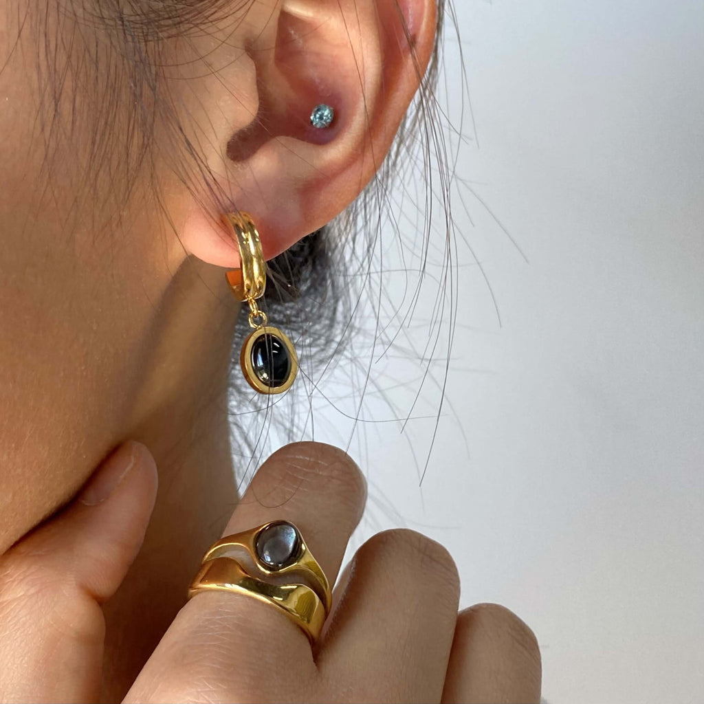 Obsidian Hoop Earrings | 18k Gold Plated, Black Onyx Drop 2