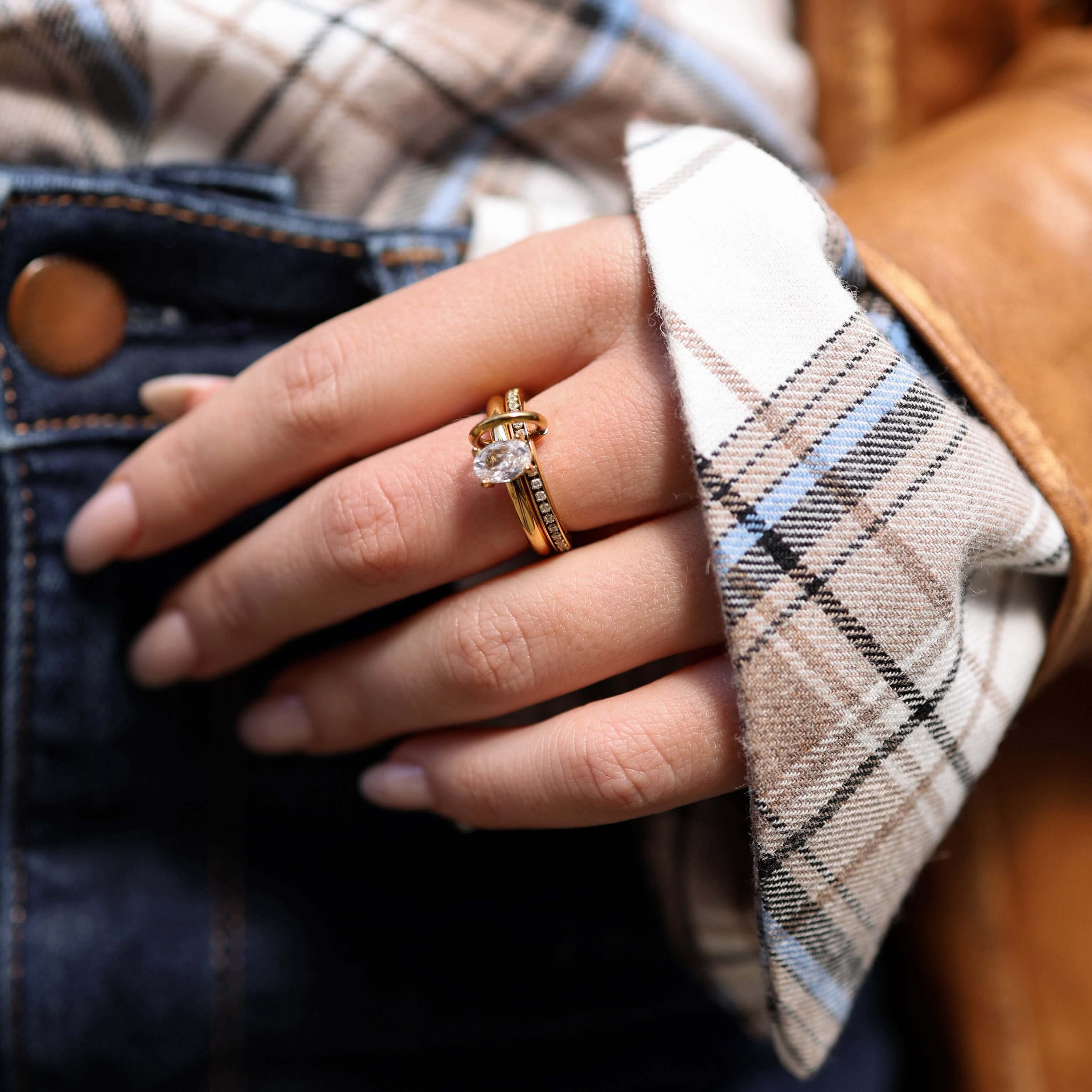 Opalyn Duo Ring Set | 18k Gold Plated, Oval Solitaire and Pave Bands 1