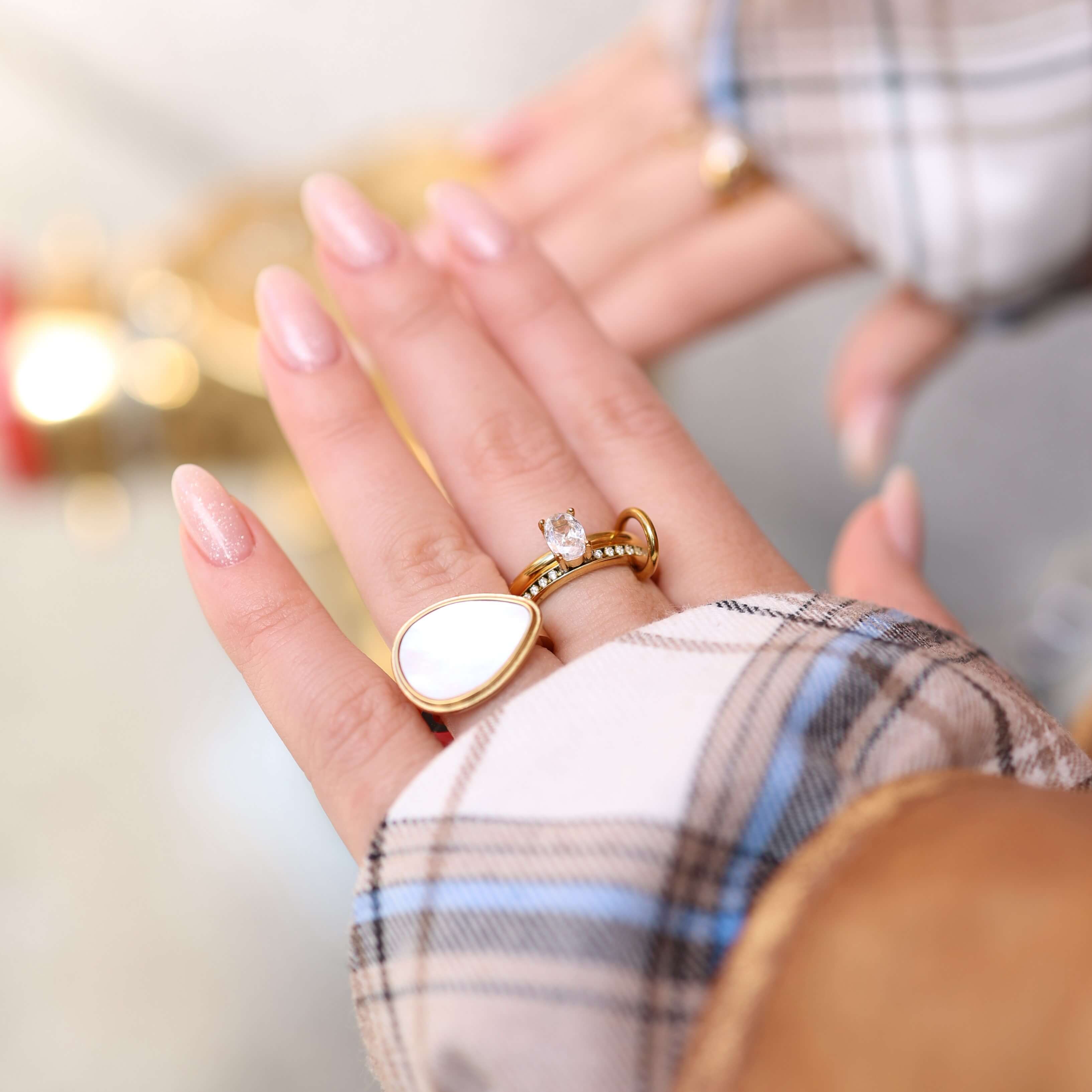 Opalyn Duo Ring Set | 18k Gold Plated, Oval Solitaire and Pave Bands 5