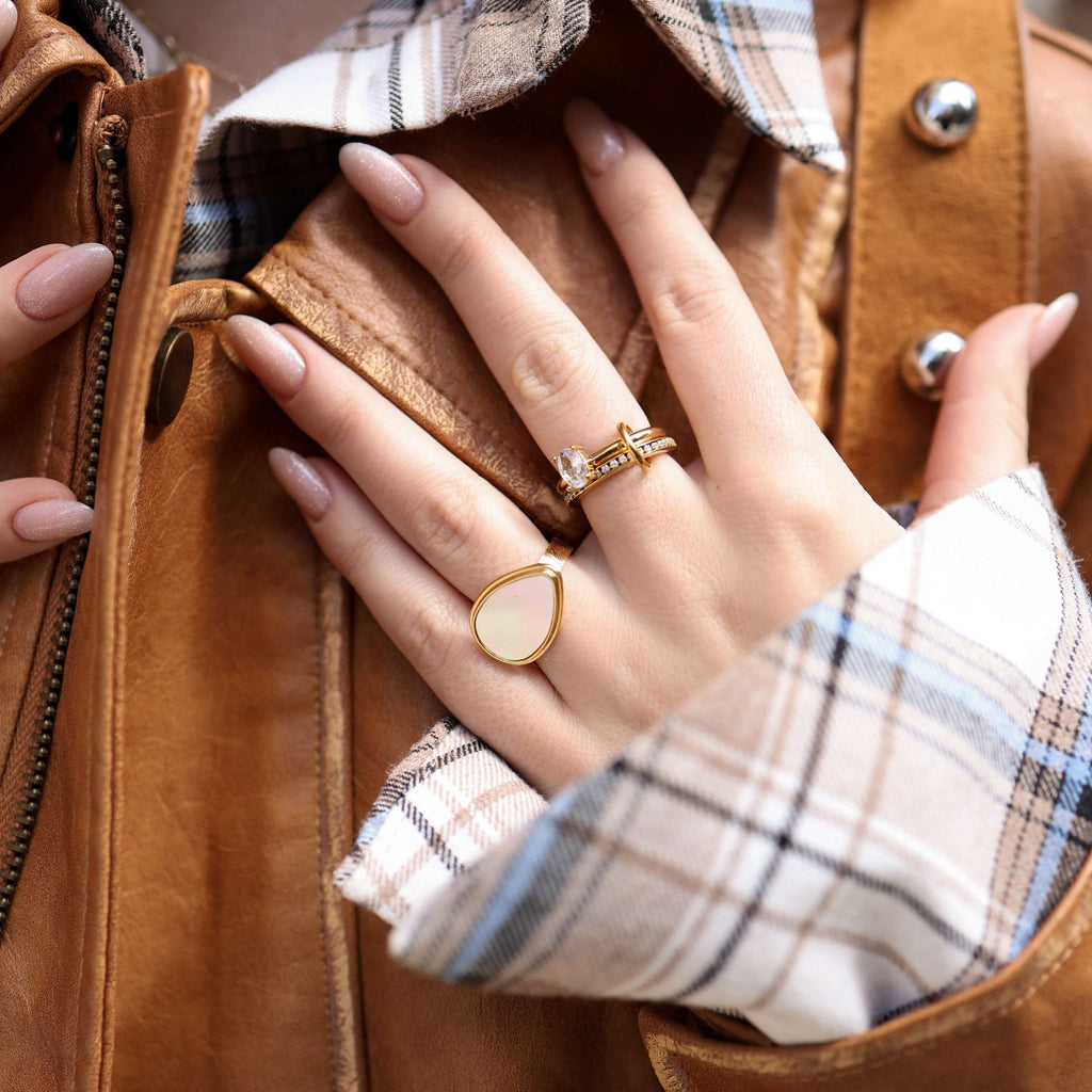 Opalyn Duo Ring Set | 18k Gold Plated, Oval Solitaire and Pave Bands 6