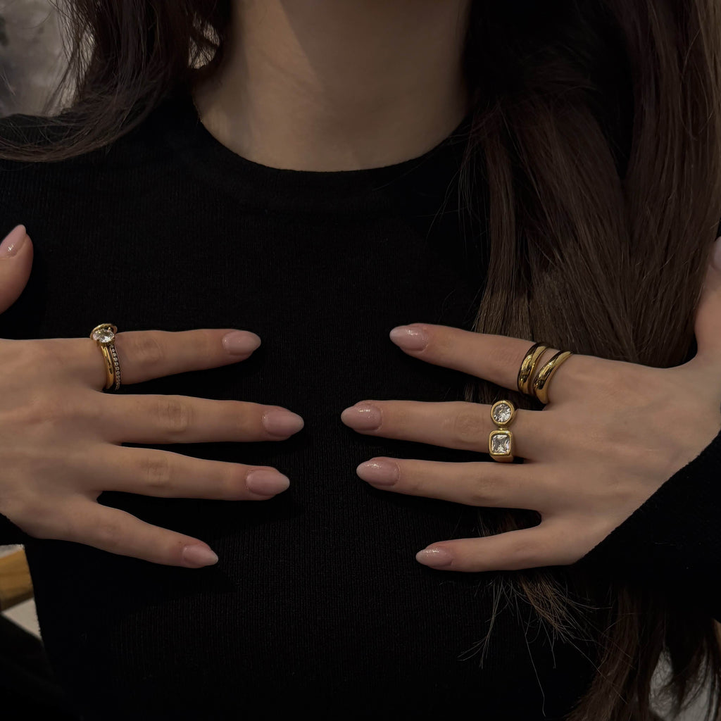 Opalyn Duo Ring Set | 18k Gold Plated, Oval Solitaire and Pave Bands 7