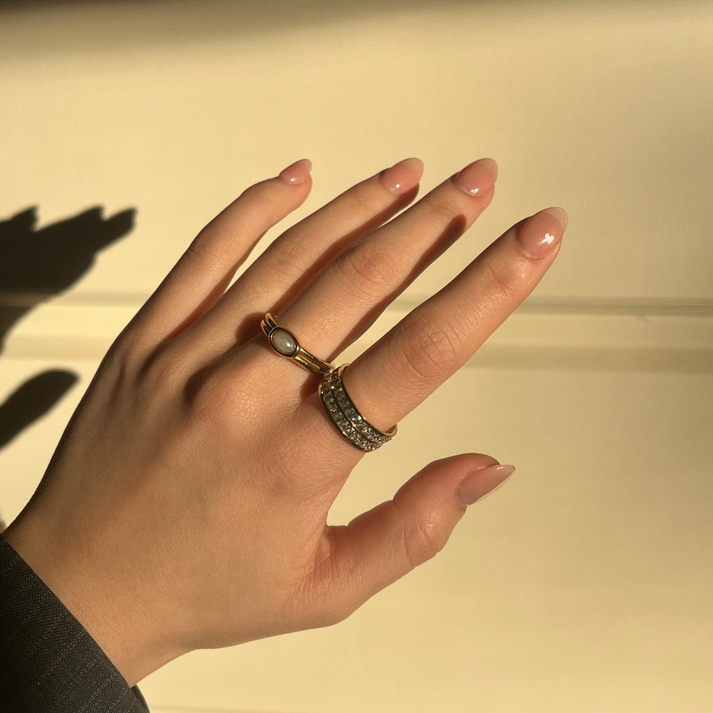 Pavia Gold Stacker Ring | 18k Gold Plated, Dual Band with Faux Pearl 2