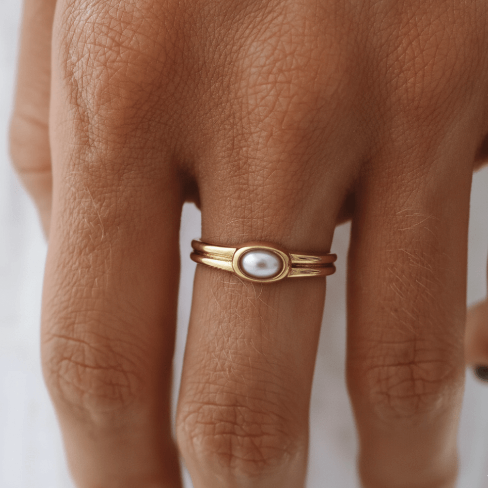 Pavia Gold Stacker Ring | 18k Gold Plated, Dual Band with Faux Pearl 4