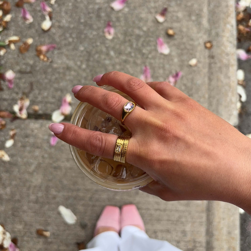 Pavo Emerald Cut Ring | Pink Stone, 18k Gold Plated 5