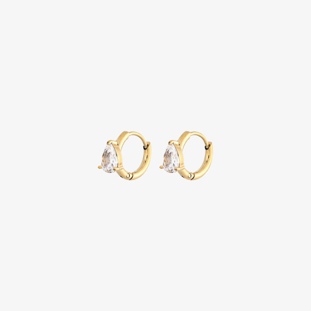 Pearla CZ Huggie Earrings | 18k Gold Plated, Pear-Shaped Gemstone 6